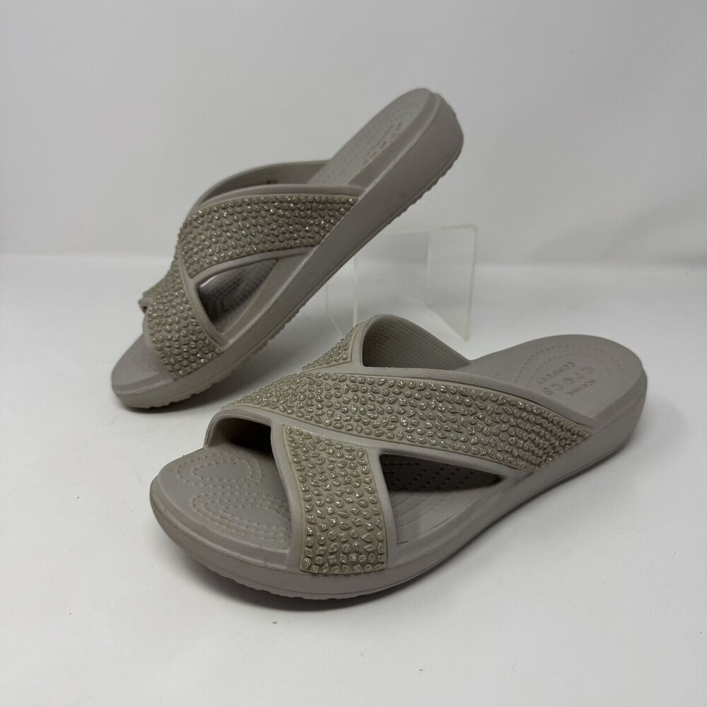 Crocs Sloane Diamante Embellished Wedge Slide Sandals 204084 Greige 10